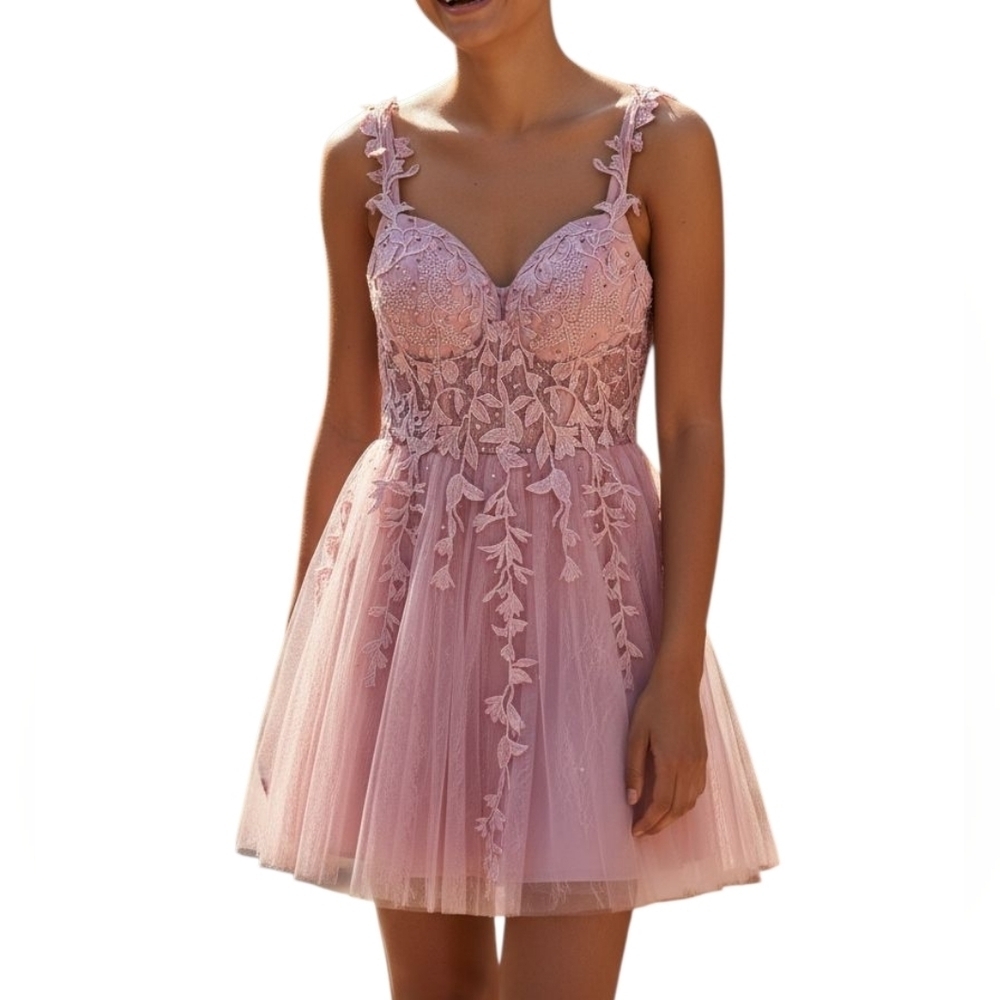 Lavetir Chic Pink Lace Sparkling Floral Embroidered Fairy Ethereal Mini Dress 0